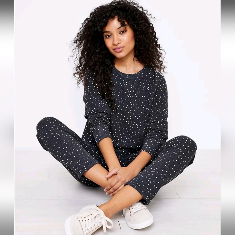 2 Piece LOFT Lou Grey Star Terry Sweatshirt And Pants Charcoal Lounge Preppy